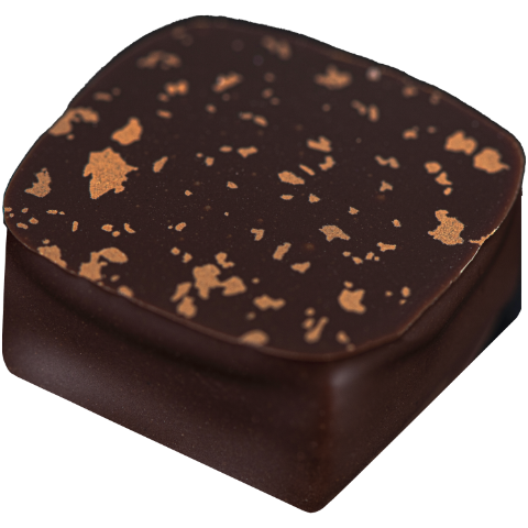 Ganache au praliné et au chocolat fondant, enrobée de chocolat noir 67% de cacao.