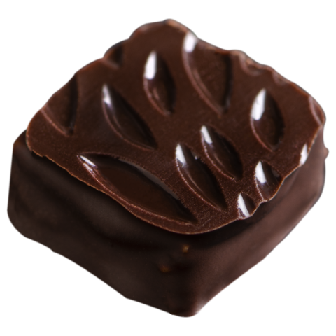 Ganache à la pistache, enrobée de chocolat noir 67% de cacao.